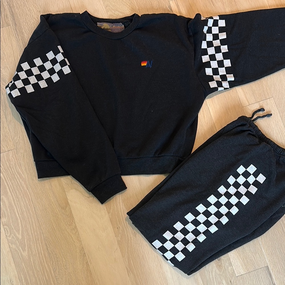 Aviator Nation Black Checkered Sweatshirt and Pants Set